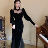 Drespot  French Vintage Black Dress Women  Spring Long Sleeve Slim Evening Party Dress Female Gothic One Piece Dress Koran Winter