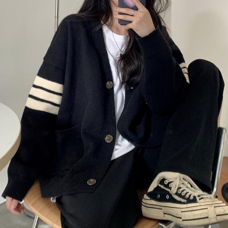 Deeptown Korean Style Striped Oversize Black Sweater Cardigan Women Punk Harajuku Basic Soild Long Sleeve Jumper Female Tops