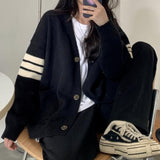 Deeptown Korean Style Striped Oversize Black Sweater Cardigan Women Punk Harajuku Basic Soild Long Sleeve Jumper Female Tops