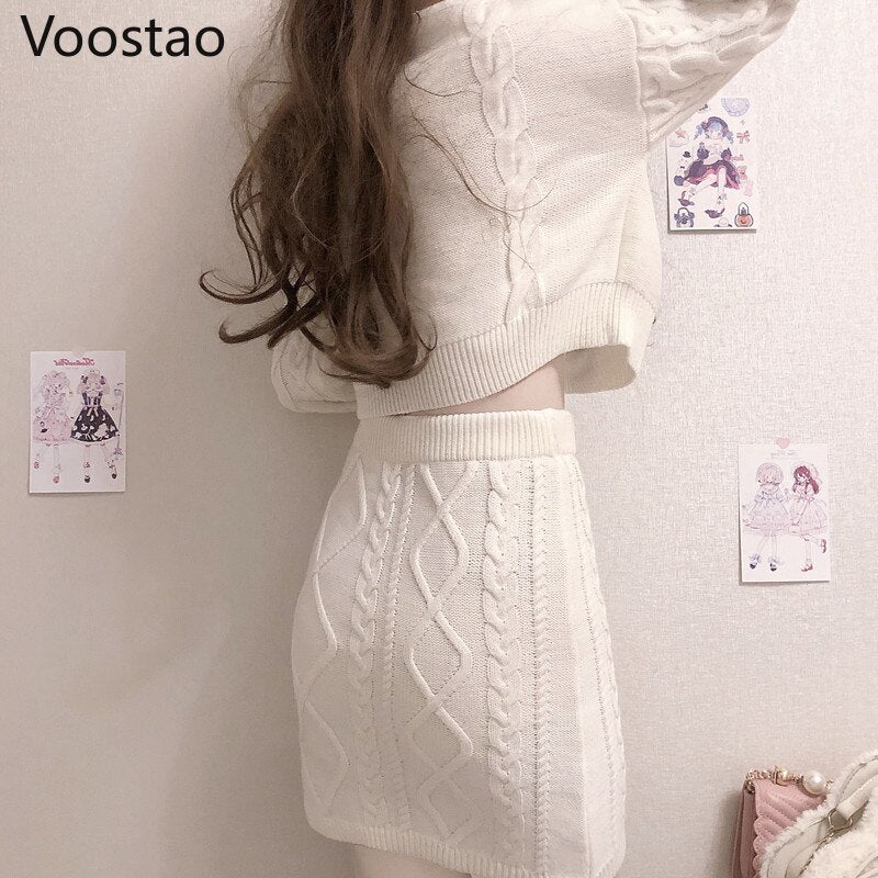 Drespot  Autumn Winter Sweet Lolita Style Skirt Sets Japanese Girls Cute Rabbit Embroidery Kintted Sweater Skirts Spring Women 2PC Set