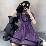 Drespot Goth Japanese Harajuku Gothic Lolita Dress  Puff Sleeve Party Purple Plaid Dress Lace Ruffle Dress Sweet Pastel