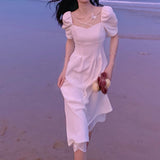 Drespot White Dress Women Sexy Elegant Vintage Fairy Puff Sleeve Long Dresses Summer Beach Style Party Outfits  Fashion