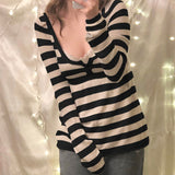 Preppy Y2K Striped A Line Oversize Sweater Women Winter Autumn Knitted Pullover Vintage Jumper Long Sleeve Top Grunge