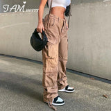 Light Brown Big Pockets Casual Cargo Pants Women Low Waist Wide Leg Baggy Denim Trousers Vintage Oversized Jeans Street Iamhotty