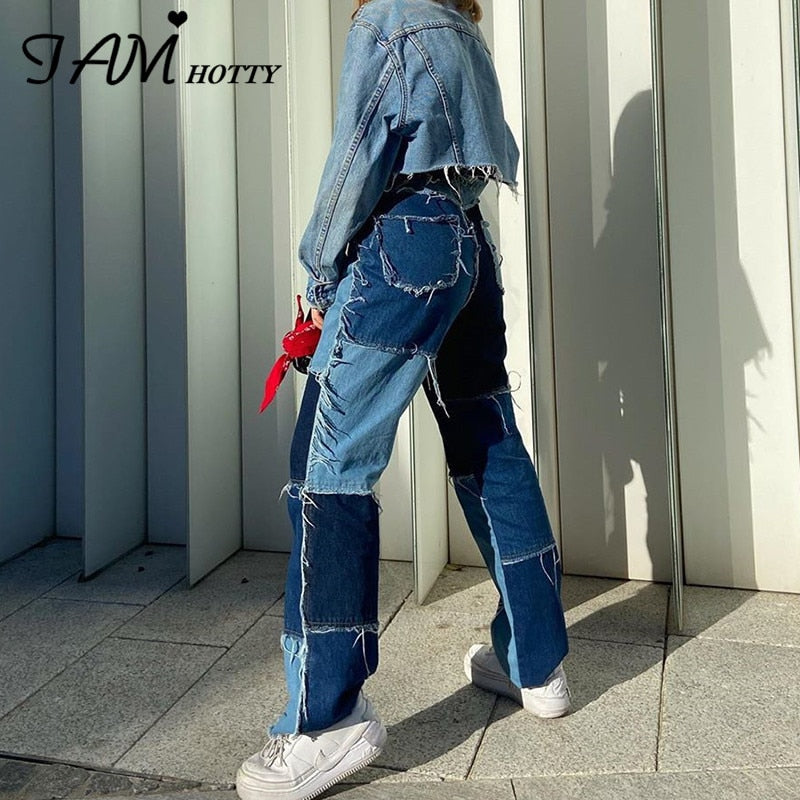 IAMHOTTY  Patchwork Baggy Jeans Women Ripped Wide Leg Joggers Straight High Waist Pants Female Vintage Denim Streetwear