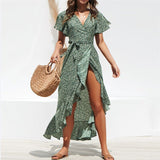 Summer Floral Print Beach Maxi Dress Women Sexy Bohemia Long Chiffon Dresses Femme V-Neck Ruffles Wrap vacation Sundress