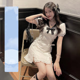 Drespot  Y2k Kawaii White Mini Dress Women Bandage Puff Sleeve Party Fairy Short Dresses Female Designer Split Cute Clothes