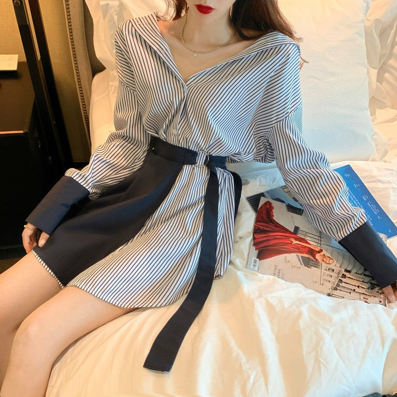 Drespot  Autumn Women Two Pieces Sets Stripe Long Sleeve Blouse Dress + Lace Up Mini Skirt Korean Fashion 2PCS Suit Womens Clothing