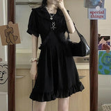 Drespot Gothic Punk Goth Black Dress Women Streetwear Kawaii Cute Ruffle Short Sleeve Dress Dark Academia Preppy Style