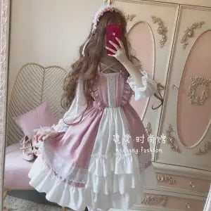 Drespot Kawaii Lolita Maid Dress Pink Goth Gothic Birthday Party Dress Puff Sleeve Japanese Harajuku Ruffle Lace-up Soft Girls
