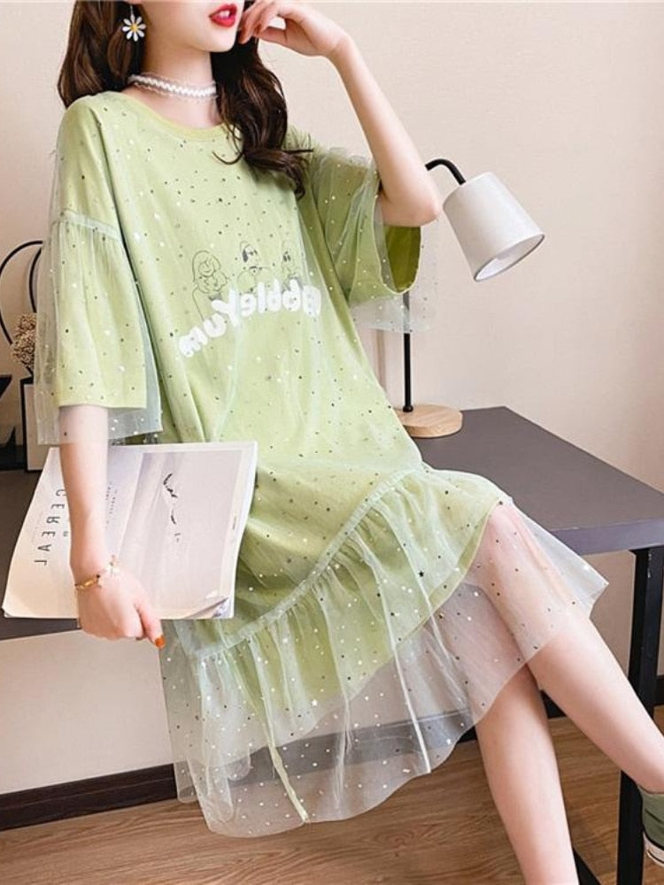 Drespot Summer T-Shirt Dress Green Fairy Mesh Oversize Dress Women Oversize Sweet Kawaii Sundress Outfit Muslin Fake Two-Piece