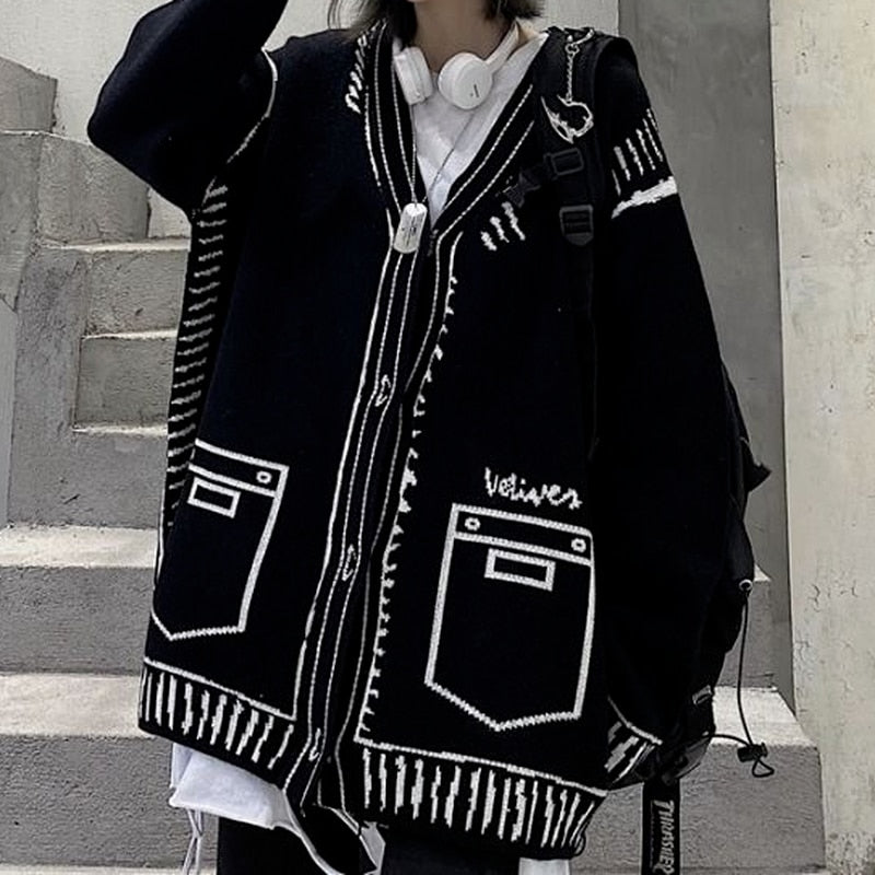 Deeptown Techwear Gothic Streetwear Printed Balck Oversize Sweater Cardigan Women Harajuku Punk Jumper Female Mall Goth Tops
