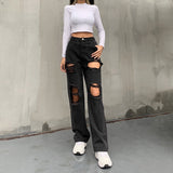 Black Hole Ripped Distressed Straight Women's Fashion Jeans Oversize High Waist Baggy Boyfriend Punk Denim Pants Street Iamhotty