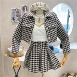 Drespot  Vintage Tweed Two Piece Set Women Crop Top Woolen Short Jacket Coat + Mini Skirts Sets Sweet 2 Piece Suits ensemble femme