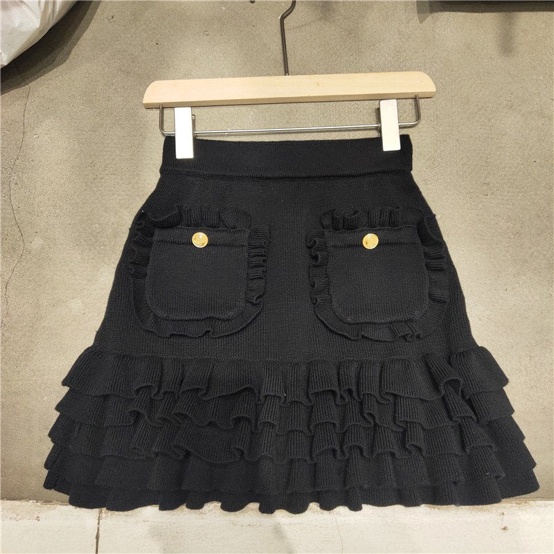 Drespot   Spring Summer Women Knitted Mini Skirt Elegant Bodycon Pleated Skirt Pocket Runway Designer Femme All Match Faldas Mujer