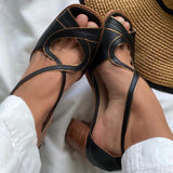 Drespot  Mid Heel Sandals  Summer Handmade Ladies Heels Mixed Colors Women Slip-On Peep Toe Ladies Pumps Square Heel Casual Shoes