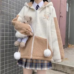 Drespot Kawaii Zip Up Hoodies Soft Girl Fleece Bear Embroidery Sweatshirt Hooded Autumn  Japan Style Casual Cute Clothes