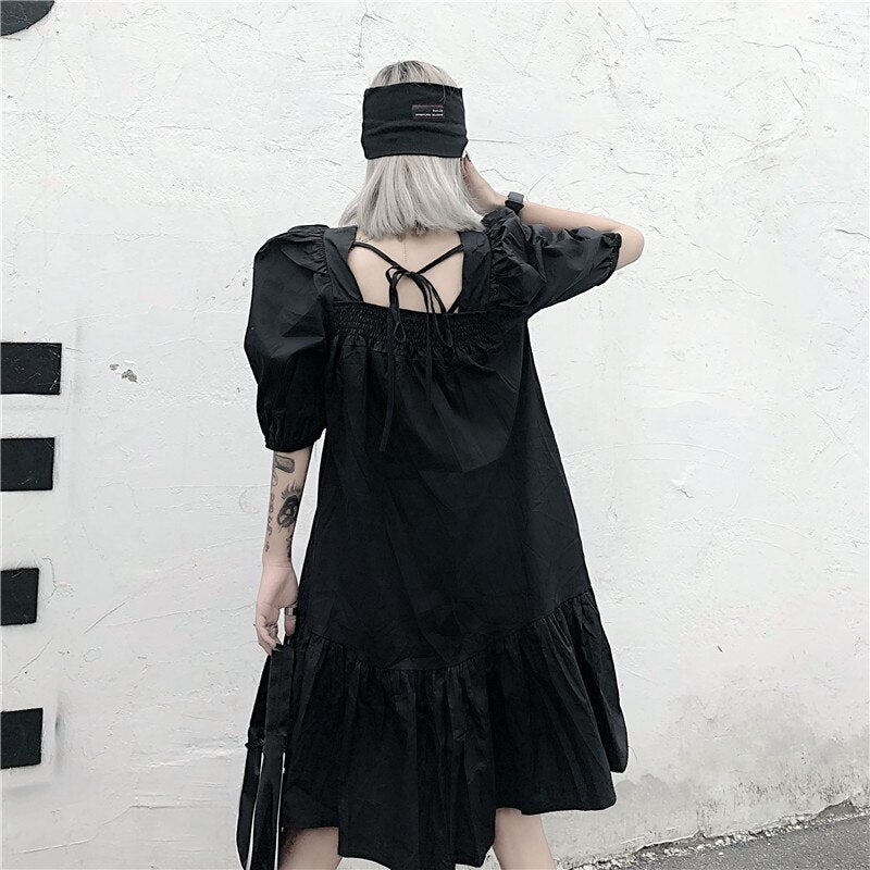 Drespot Women's Punk Goth Dress Gothic Harajuku Streetwear Puff Sleeve Black Ruched Mini Dress Summer Emo Dress  Woman Clothes