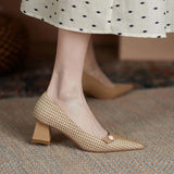 Autumn High Heels Pointed Toe Women's Pumps Shoes Plaid Pearl Square Heel Office Shoes Elegant Ladies Casual Shoes for Women