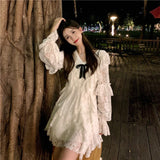 Drespot  White Kawaii Dress Women Sweet Long Sleeve Lace Ruffle Patchwork Mini Dresses Spring Autumn Fairy Korean Fashion Robe