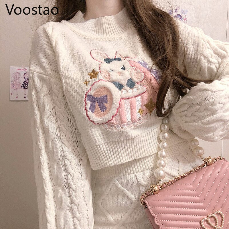 Drespot  Autumn Winter Sweet Lolita Style Skirt Sets Japanese Girls Cute Rabbit Embroidery Kintted Sweater Skirts Spring Women 2PC Set