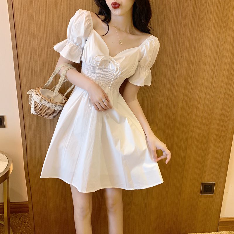 Drespot White Puff Sleeve Dress Woman Summer  Korean Off Shoulder Ruched Casaul Mini Dress Vintage Party Draped Robe Sundress