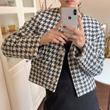 Drespot  New Women's Vintage Houndstooth Short Jackets Fall Korean Elegance V-neck Loose OL Cropped Female's Coats Casual Outwear Tops