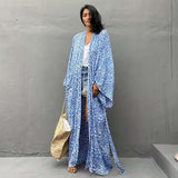 Drespot  Blue Casual Long Sleeve Ankle Length Belt Long Kimono Dress  Plus Size Women Clothing Plus Size Vintage Maxi Dress  A1046