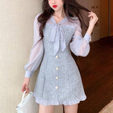 Drespot  New Spring Vintage Sexy See-through Chiffon Patchwork Tweed Mini Dress Women Ribbon Bow Single-breasted Long Sleeve Party Dress