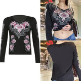 Shoulder Hollow Out Retro Print Black Grunge T-shirt Women Dark Academia Graphic Tops Long Sleeve Patchwork Gothic Tee Iamhotty