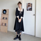 Kawaii Vintage Dress Women Elegant Preppy Style Long Sleeve Dress Ruffles Patchwork Peter Pan Collar Fashion Female Robe