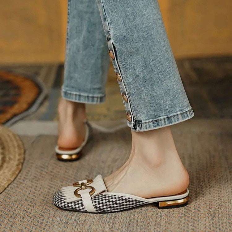 Drespot  Women's Slippers Retro Houndstooth Tassel Casual Shoes for Woman Summer Outdoor Ladies Slides Metal Buckle Low Heel Sandals
