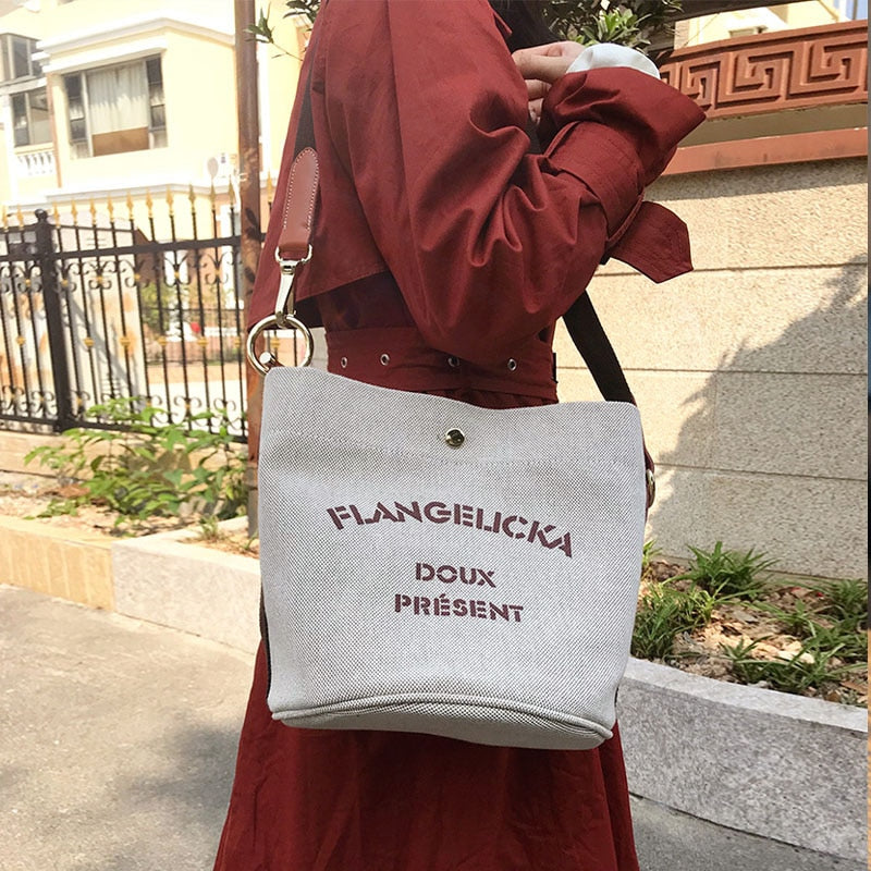 Drespot  Canvas Bag Women's Ladies Handbags Female  New Korean College Students Button Letter Casual Messenger Bag Bucket Handbag