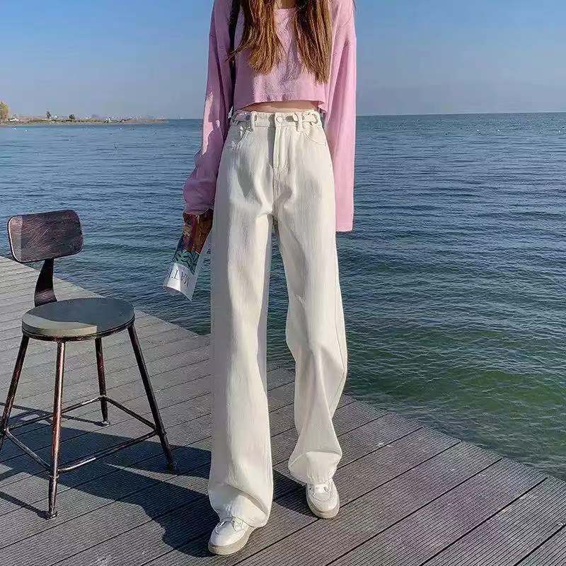 Korean Style Baggy Jeans Woman High Waist Wide Leg Casual Straight Trousers Women Big Size Washed Solid Denim Pants Women