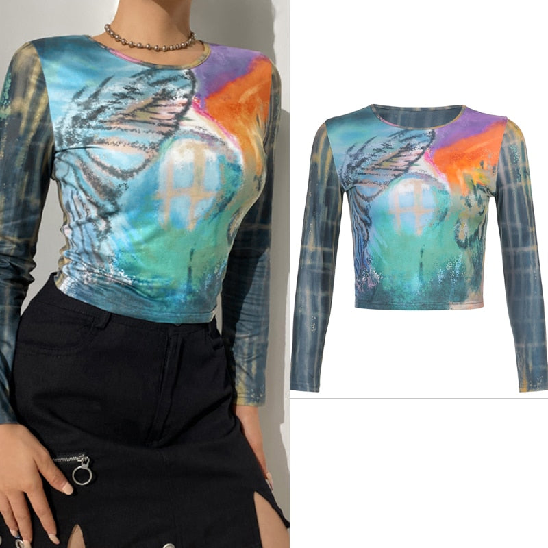 Vintage Rhinestone Patches Printed Patchwork T-shirt Women Grunge Aesthetic Button O-neck Long Sleeve Cropped Top Iamhotty