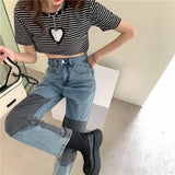 Drespot Thanksgiving 90S Patchwork Jeans Womens High Waist Straight Leg Colorblock Puddle Jean E-Girl Y2K Aesthetic Clothes  Summer Streetwear /