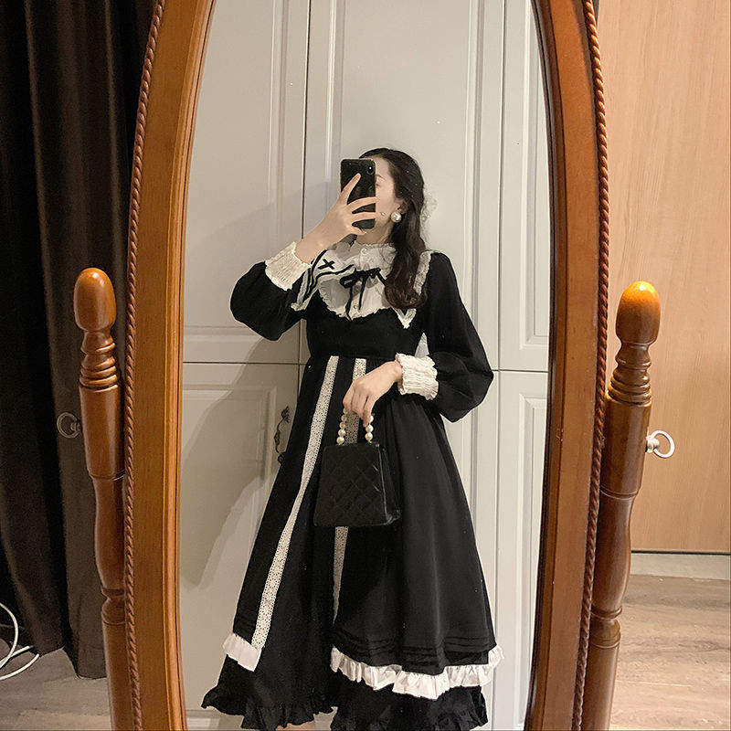 Drespot Black Vintage Dress Women French Elegant Gothic Lolita Dress Female Lace Long Sleeve Stand Evening Party Dress Korea  Autumn