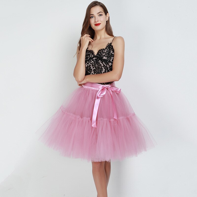 Fashion 5 Layers 60cm Tutu Tulle Skirt Vintage Midi Pleated Wedding Skirts Womens Lolita Petticoat Faldas Mujer Saias Jupe