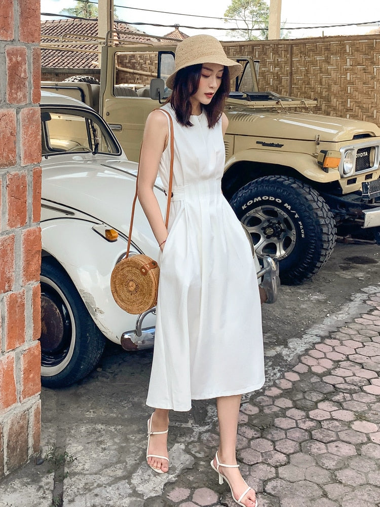 Drespot New Summer Women Fashion Sleeveless Dress Office Lady Chic Casual White A-Line Midi Clothes Vestdios