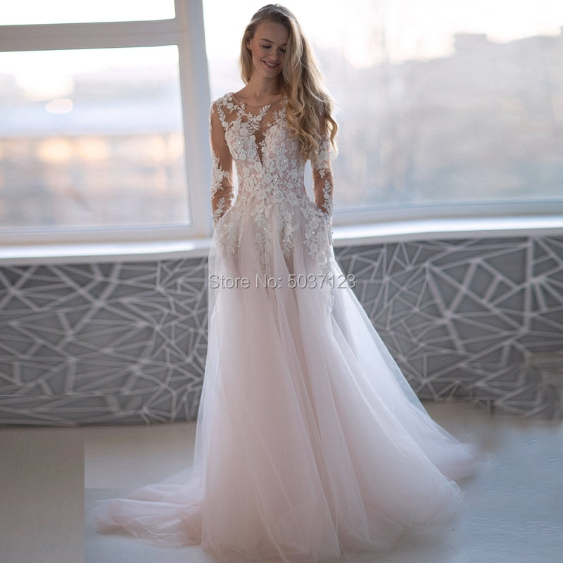 Romantic Pink Tulle Long Sleeves Wedding Dresses  Beading Lace Appliques Scoop Backless Bridal Wedding Gowns Robe De Mariée