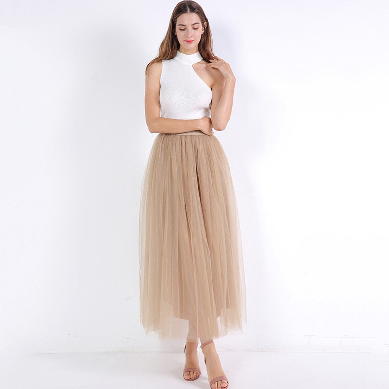 4 Layers 100cm Maxi Long Tulle Skirt Elegant Princess Fairy Style Tutu Skirts Womens Vintage Bouffant Puffy Fashion Skirt