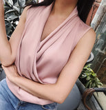 Drespot Summer Spring Women Deep V-Neck Shirt Pure Color Tops Female Rayon Sleeveless Elegant Office Lady Blouse