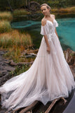 Luxury Off The Shoulder Wedding Dresses V-Neck Beading Straps 3D Flowers Appliques Open Back Bridal Gowns Robe De Mariee