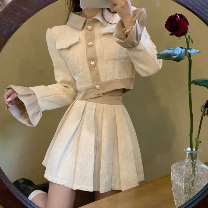 Drespot  Autumn New French Vintage Two Piece Set Women Crop Top Short Jacket Coat + Pleated Skirts Sets High Street Fashion 2 Piece Suits