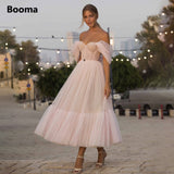 Drespot Blush Pink Short Prom Dresses  Off Shoulder Tiered Skirt A-Line Party Dresses Pleated Tea-Length Tulle Formal Gowns