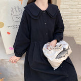 Women Preppy Style Dress Kawaii Vintage Long Sleeve Peter Pan Collar Midi Dresses Loose Casual Korean Fashion Streetwear
