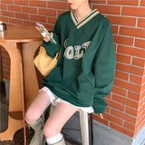 Drespot Oversized Sweatshirt V-Neck SQLP Graphic Printed Pullover Sweatshirt School Girl Women 90S Aesthetic