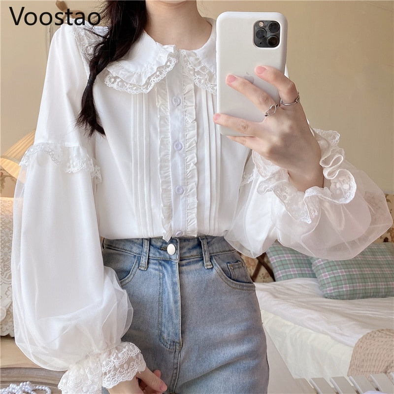 Drespot  Japanese Sweet Lolita Style Blouses Girls Cute Lace Ruffles White JK Shirts Women Preppy Chic Kawaii Long Sleeve Blusas Mujer