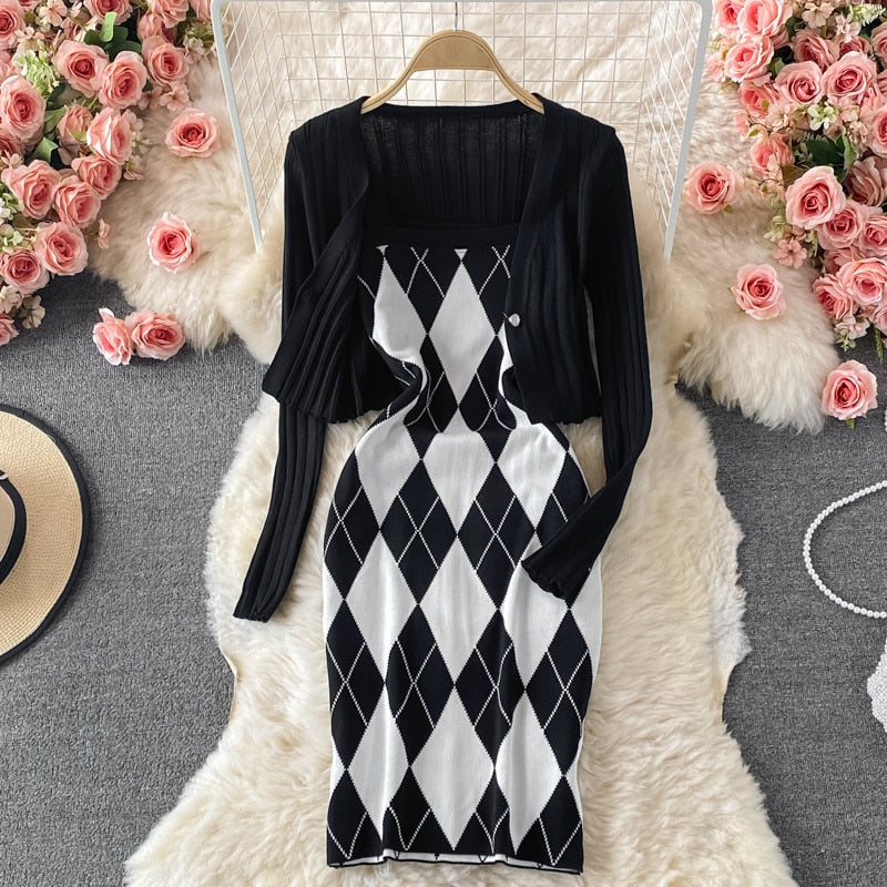 Drespot  Autumn Knitted Two Piece Set Women Long Sleeve Sweater Cardigan Crop Top + Spaghetti Strap Plaid Dress Sets Sweet 2 Piece Suits