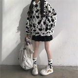 Drespot Cow Print Milk Kawaii Hoodes Women Sweet Cute Girl Lamb Wool Korean Fashion Hooded Sweatshirt Top Clothes Female